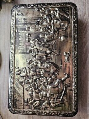 Vintage Belgium Biscuit Box Tin Teniers Gantois Embossed Tavern Scene Ornate